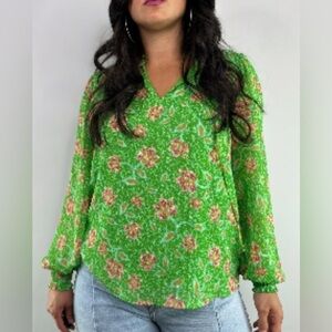 NWT Joie Green Floral Lined Tie Front Blouse SIZE Large